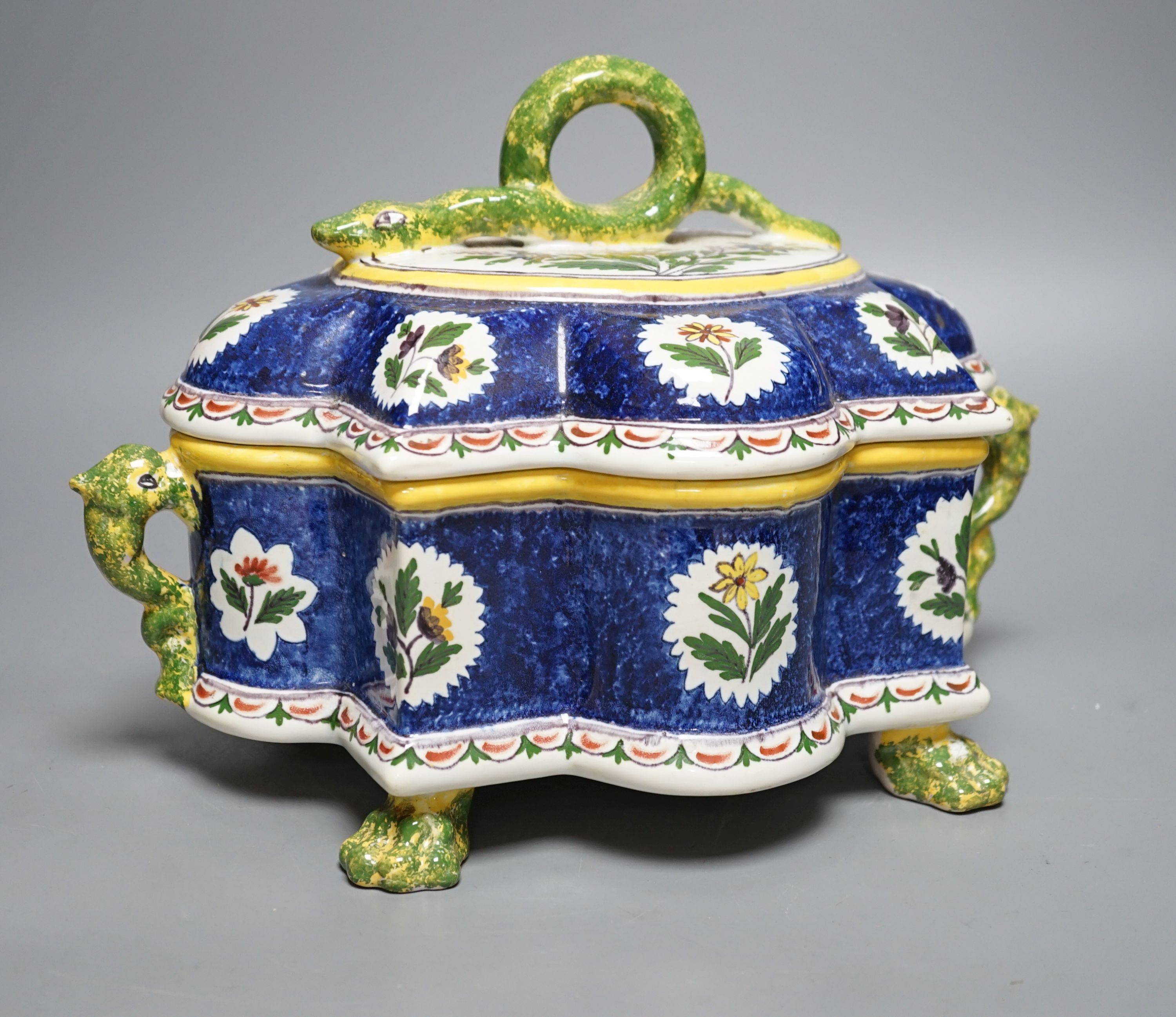 A Belgian Faience casket with ‘snake’ handles 30cm